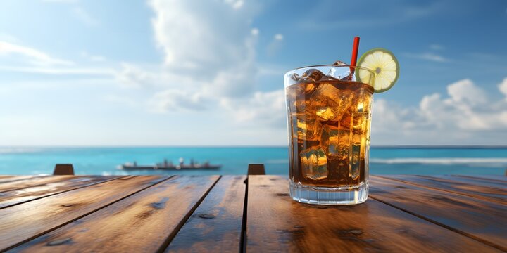 Concept of luxury vacation. Cuba Libre cocktail on the pier. Long island ice tea cocktail on the pier. Tropical vacation background. Right side angle. Clear blue sky. ocean beach on the background