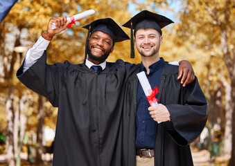 Graduation portrait, friends and students on university or college campus, success and celebration...