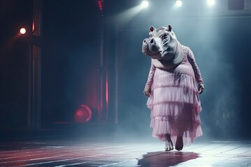 Illustration of a hippo wearing a dress like a model walks down the fashion runway or catwalk. The stage lights are focused on it. Generative Ai.