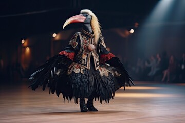 Illustration of  hornbill wearing a dress like a model walks down the fashion runway or catwalk. The stage lights are focused on it. Generative Ai.