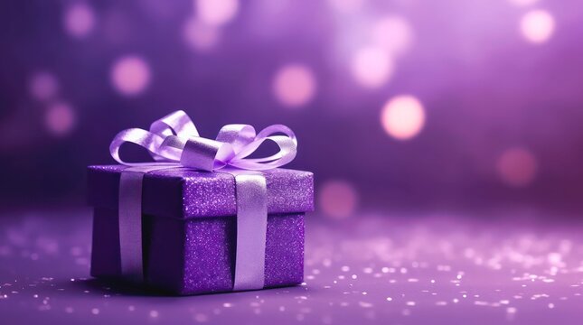 Festive Banner With Violet Gift Box On Blurred Purple Background. Generative AI.