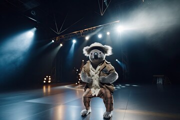 Obraz na płótnie Canvas Illustration of koala wearing a coat, pants and hat like a model walks down the fashion runway or catwalk. The stage lights are focused on it. Generative Ai.