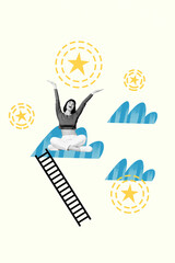 Vertical poster pop 3d collage of carefree crazy girl sitting sky celebrate achievement victory...