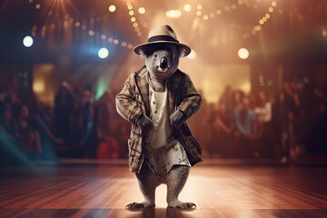 Illustration of  koala wearing a coat, pants and hat like a model walks down the fashion runway or catwalk. The stage lights are focused on it. Generative Ai. - obrazy, fototapety, plakaty