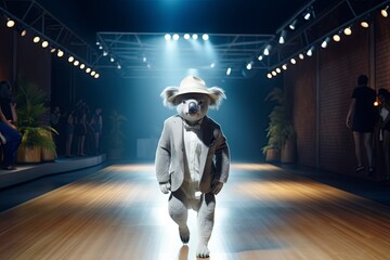 Illustration of  koala wearing a coat, pants and hat like a model walks down the fashion runway or catwalk. The stage lights are focused on it. Generative Ai.