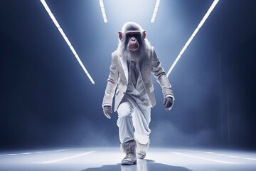 Illustration of a monkey wearing a coat and pants like a model walks down the fashion runway or catwalk. The stage lights are focused on it. Generative Ai.