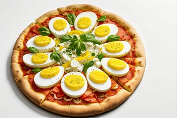 egg pizza with olives, cheese and vegetables