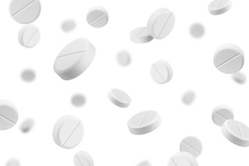 Falling Pills isolated on white background, selective focus