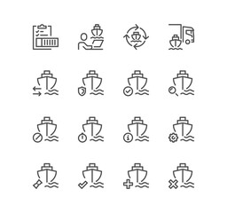 Set of ship management related icons, renting price, commercial fleet, ship route, container stacking and linear variety symbols.