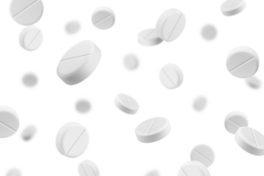 Falling Pills isolated on white background, selective focus
