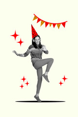 Careless woman dancing rhythm have fun positive chill party discotheque wear birthday hat flags decor hanging isolated on beige background