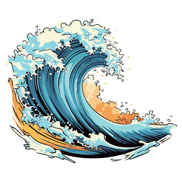Vector sea wave. Illustration of blue ocean waves with white foam. Isolated splash of water, made in cartoon style. An element for your design.