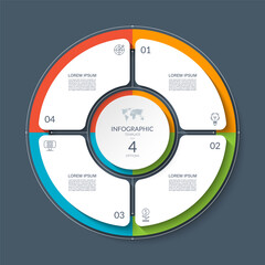 Infographic circle with 4 options, parts. 4-step cycle diagram for business infographics. Process chart, vector template for presentation, report, brochure, web, data visualization.