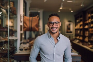 Portrait of mixed race person small business owner looking at the camera. Created with Generative AI