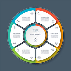 Infographic circle with 6 options, parts. 6-step cycle diagram for business infographics. Process chart, vector template for presentation, report, brochure, web, data visualization.