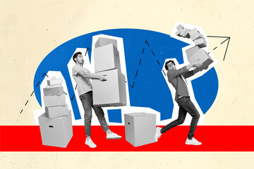 Creative retro collage image of funny guys moving relocating new bigger office isolated beige color...
