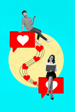 Photo sketch collage picture of funny couple communicating apple samsung iphone devices isolated turquoise color background