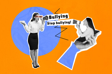 Creative 3d photo artwork graphics collage painting of activists creaming toa asking stop cyber bullying isolated orange color background