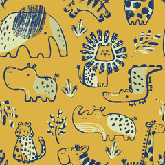 Summer animals tropical seamless pattern. Hand drawn african . Beach vacation background - 619468848