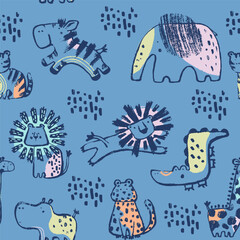Summer animals tropical seamless pattern. Hand drawn african . Beach vacation background - 619469071
