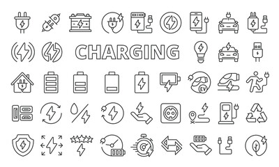 Charging icons set in line design. Business,Teamwork, Collaboration, Leadership, Meeting, Communication, Human resources, People vector illustrations.Business icons vector editable stroke - obrazy, fototapety, plakaty