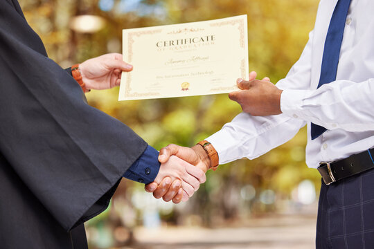 Hand shake, graduation and certificate for college student with professor, congratulations and event for learning. Education, celebration and party with diploma, paperwork and people with success