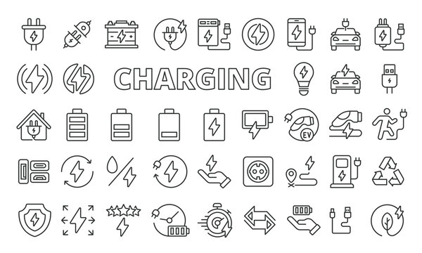 Charging icons set in line design. Business,Teamwork, Collaboration, Leadership, Meeting, Communication, Human resources, People vector illustrations.Business icons vector editable stroke