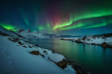 Fototapeta na wymiar Beautiful aurora over the lake and mountains - AI Image