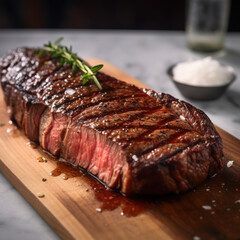 Medium Ribeye steak on wooden board