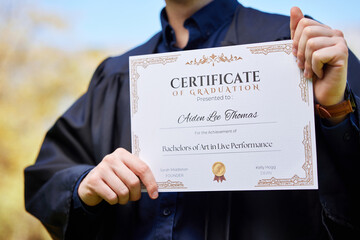 University, hands and closeup of a graduation certificate for success, achievement or goal....