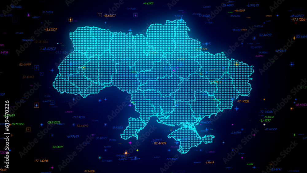 Poster futuristic blue colorful shiny digital technology hud dots mosaic grid ukraine map separate regions 