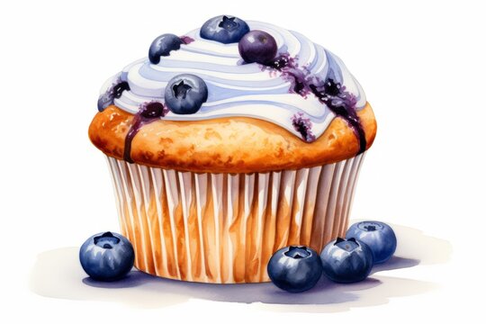 Watercolor illustration painting of blueberry cupcake muffins, isolated on white background (Generative Ai)