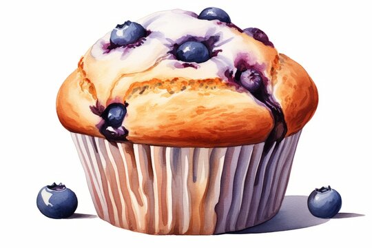 Watercolor illustration painting of blueberry cupcake muffins, isolated on white background (Generative Ai)