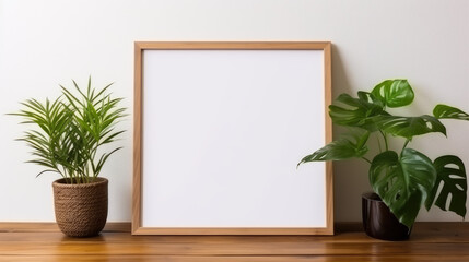 A blank photo frame mockup placed on a wooden floor in an empty room, surrounded by a lush green plant
