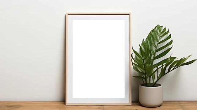 A blank photo frame mockup placed on a wooden floor in an empty room, surrounded by a lush green plant