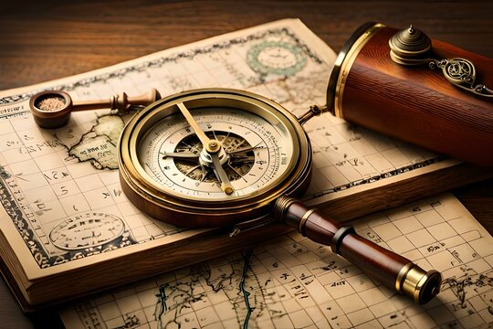 antique brass telescope and compass old times world map with generative AI