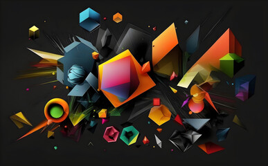 Abstract colorful geometric shapes on a black background, Generative AI