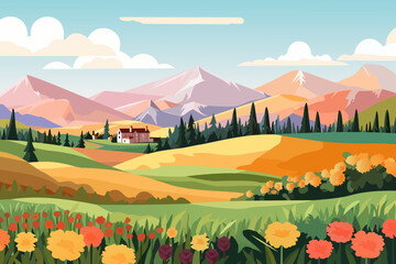 Beautiful vector landscape of mountains, fields, meadows, flower field, forest and sweet home. Landscape in early autumn.