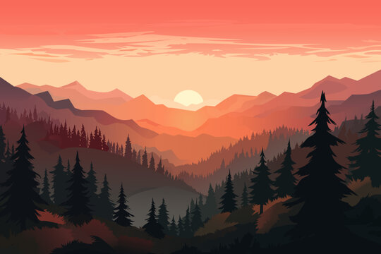 Beautiful vector landscape of mountains and forests at sunset. Amazing sunset over the mountains. Warm rays of the sun.