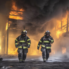 Naklejka premium firefighters spray water to wildfire.Firefighters
