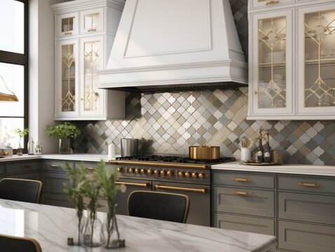 Modern Mosaic backsplash in kitchen, Modern interior, Classic style