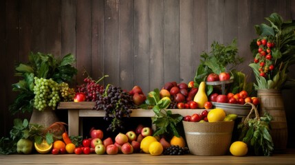 Fototapeta na wymiar Fruits and vegetables on rustic background