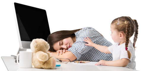 Happy busy mother working with a child on laptop