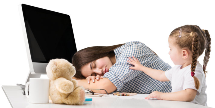 Happy busy mother working with a child on laptop