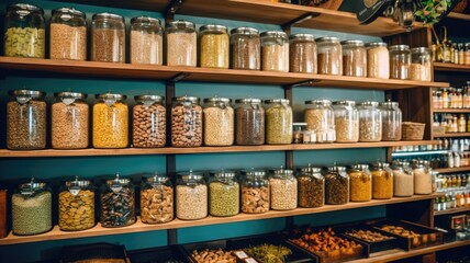 Customers buying dry goods and bulk products in plastic free grocery store. Conscious shopping, sustainable small businesses, minimalist lifestyle. Generative AI