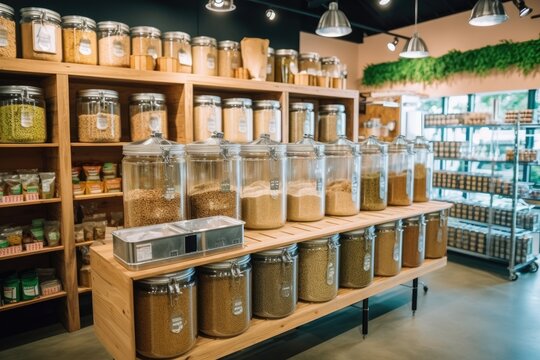 Customers buying dry goods and bulk products in plastic free grocery store. Conscious shopping, sustainable small businesses, minimalist lifestyle. Generative AI