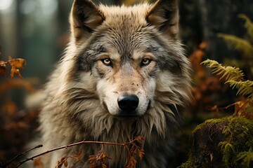 Fototapeta premium A large male gray wolf in the forest. Generative AI