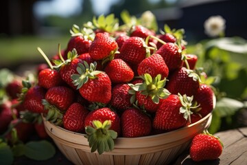Basket of ripe strawberries in on sunny day. Generative AI