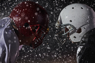 Two american football players face to face in silhouette shadow on white background