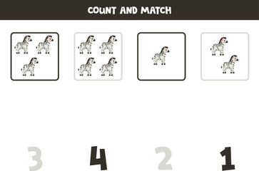 Counting game for kids. Count all zebras and match with numbers. Worksheet for children.